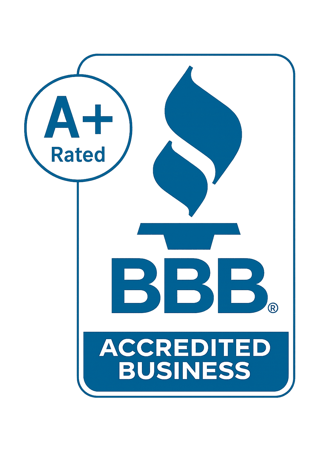 BBB Accredited Business A+ rating logo on a blue background. Trustworthy service and reliability.